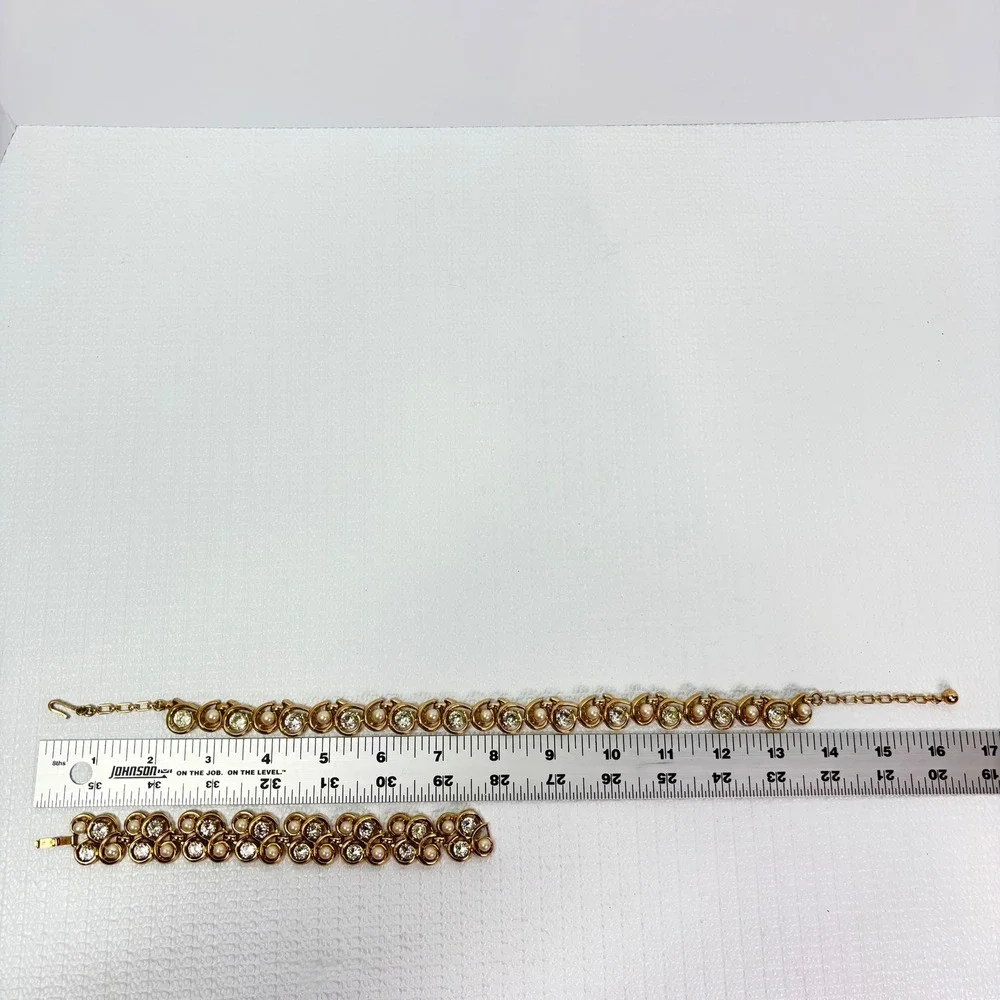 Trifari Set Gold Tone Faux Pearl Rhinestone Necklace Bracelet Vintage Costume